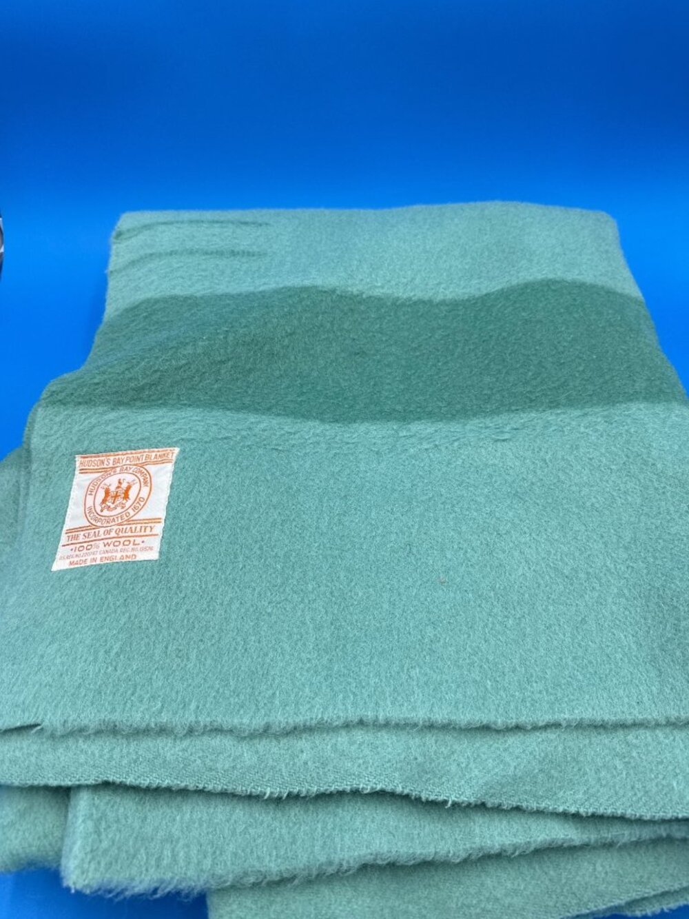 Vintage Hudsons Bay 4 Point Green Wool Blanket Made In England 90"x70"
